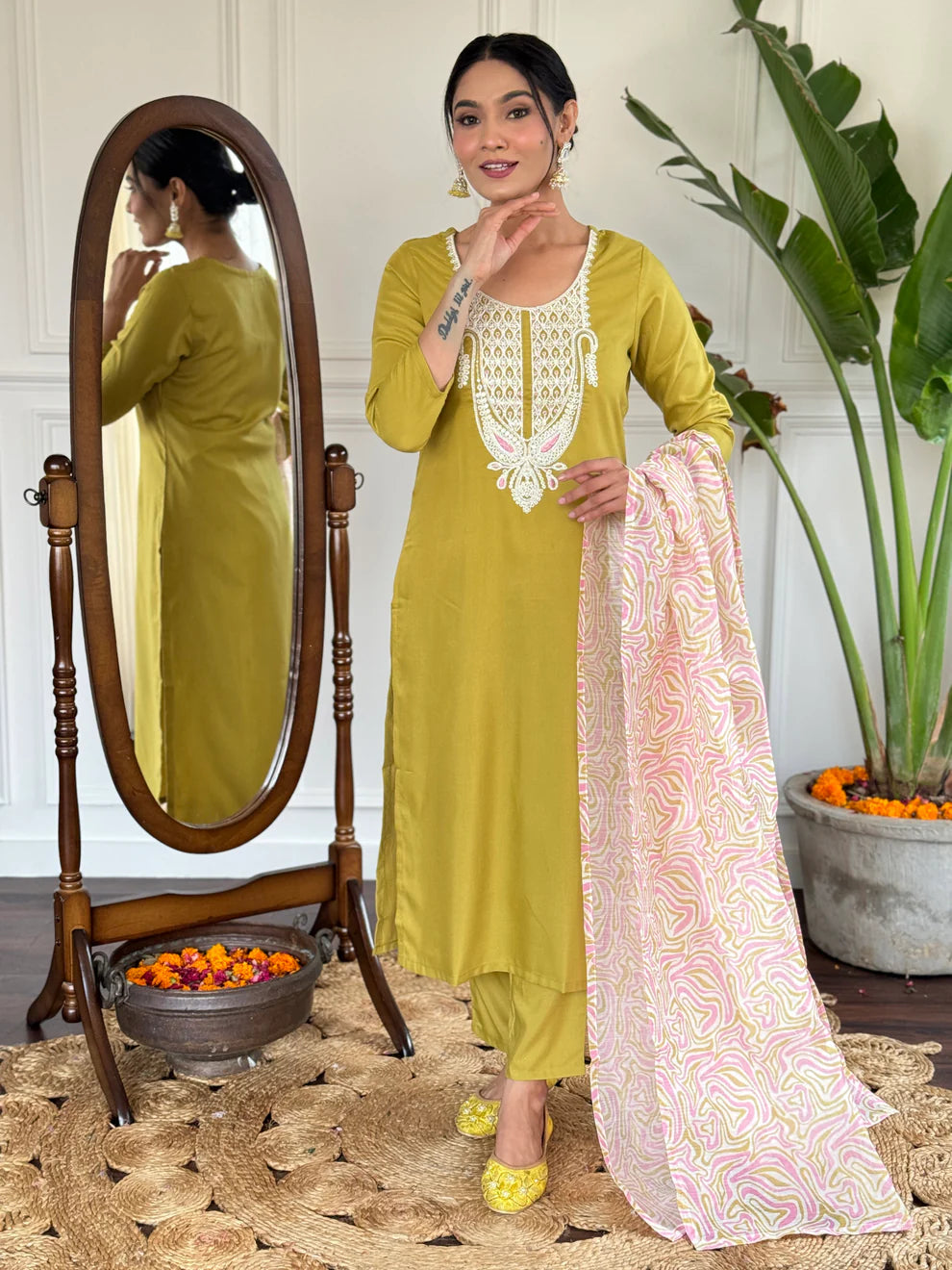 Dixz Fashion Women's Embroidered Rayon Slub Suit Set with Poly Chanderi Dupatta