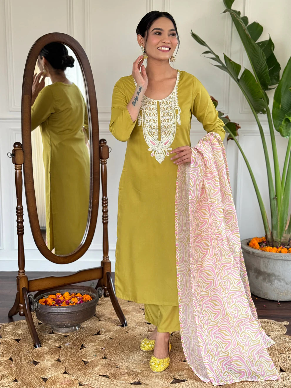 Dixz Fashion Women's Embroidered Rayon Slub Suit Set with Poly Chanderi Dupatta