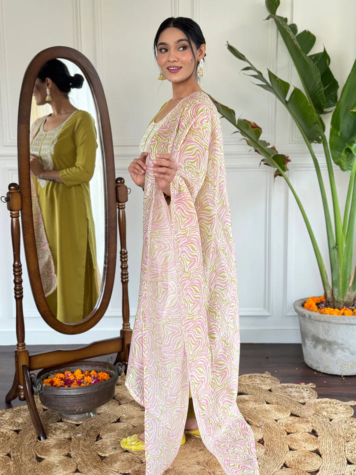 Dixz Fashion Women's Embroidered Rayon Slub Suit Set with Poly Chanderi Dupatta