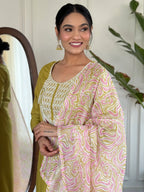 Dixz Fashion Women's Embroidered Rayon Slub Suit Set with Poly Chanderi Dupatta