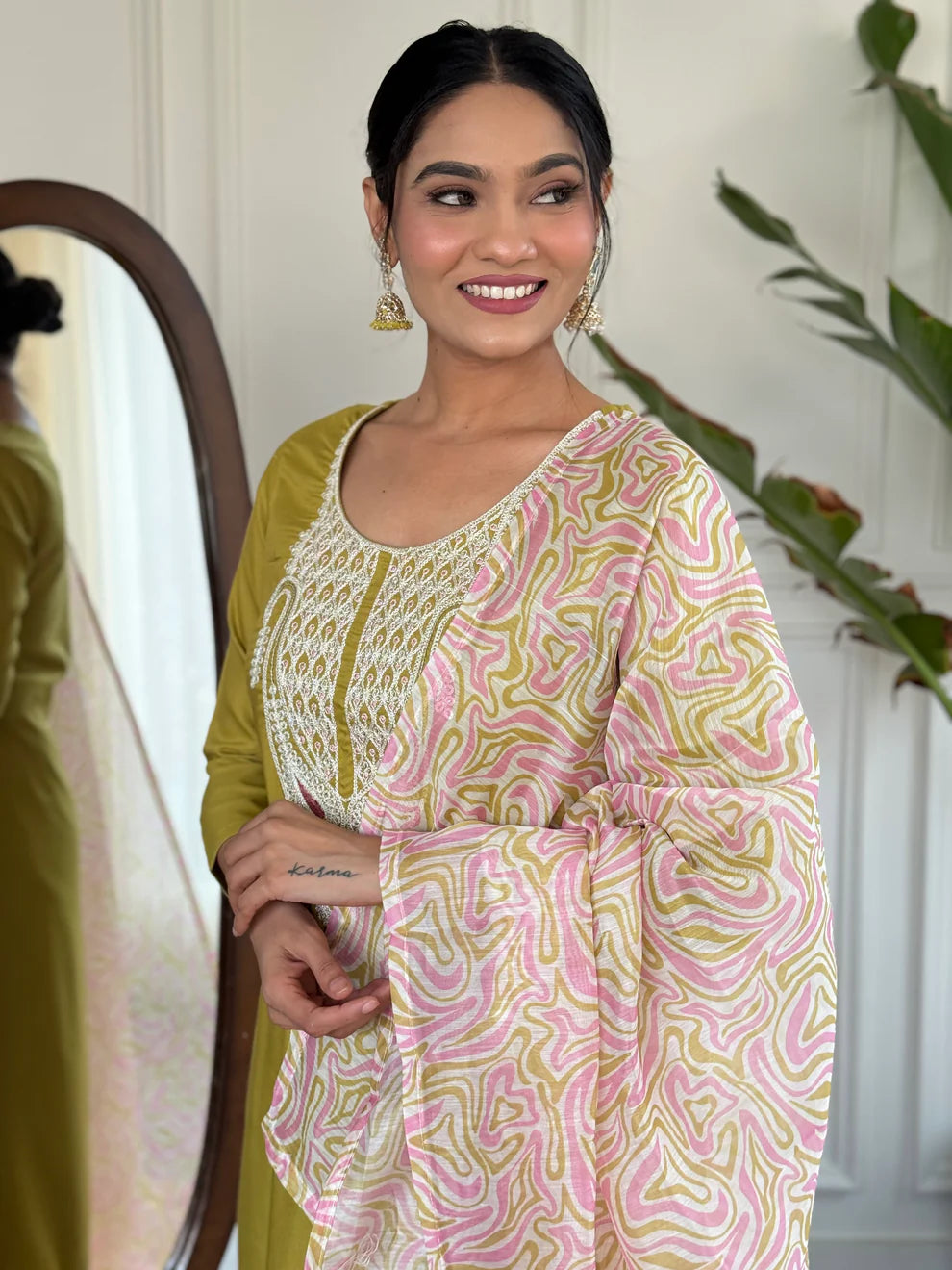 Dixz Fashion Women's Embroidered Rayon Slub Suit Set with Poly Chanderi Dupatta