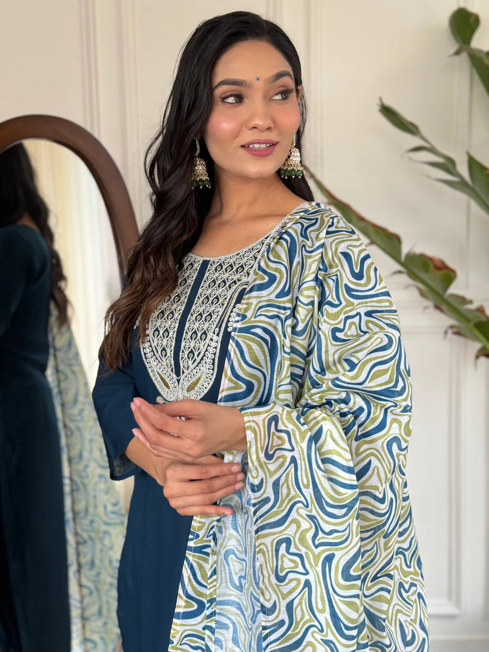 Dixz Fashion Women's Embroidered Rayon Slub Suit Set with Poly Chanderi Dupatta