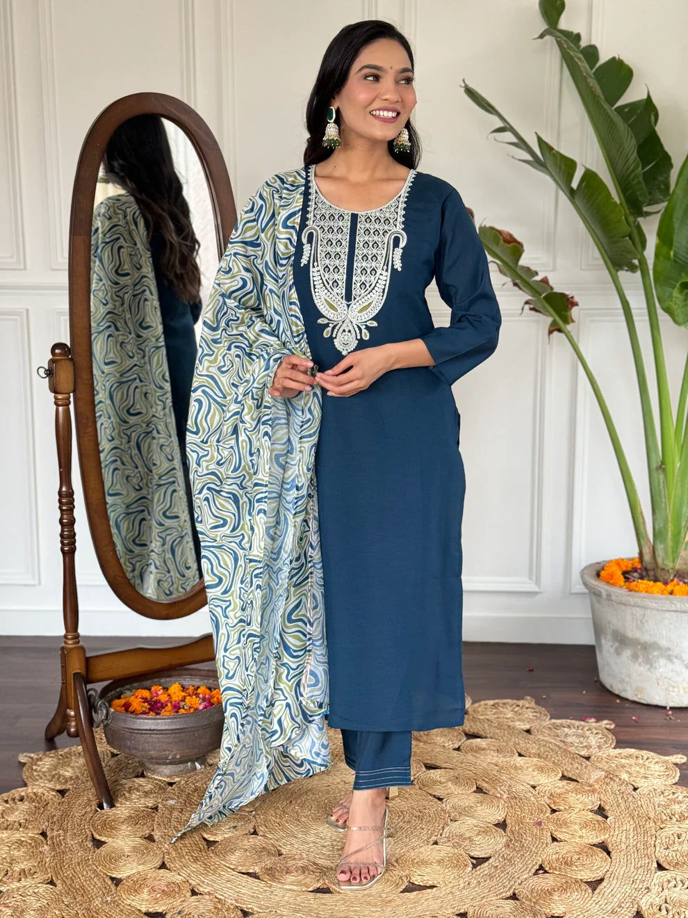 Dixz Fashion Women's Embroidered Rayon Slub Suit Set with Poly Chanderi Dupatta