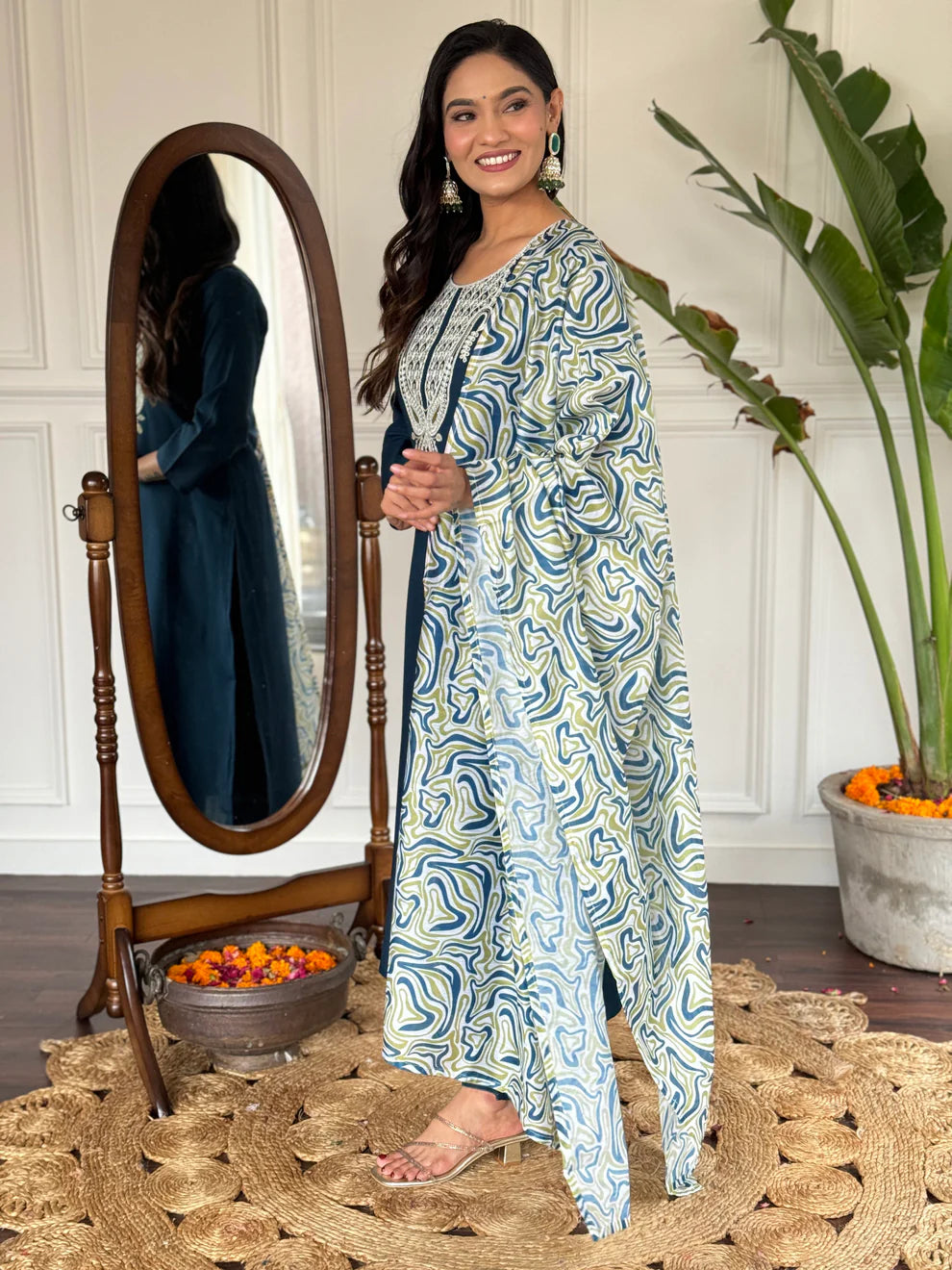 Dixz Fashion Women's Embroidered Rayon Slub Suit Set with Poly Chanderi Dupatta