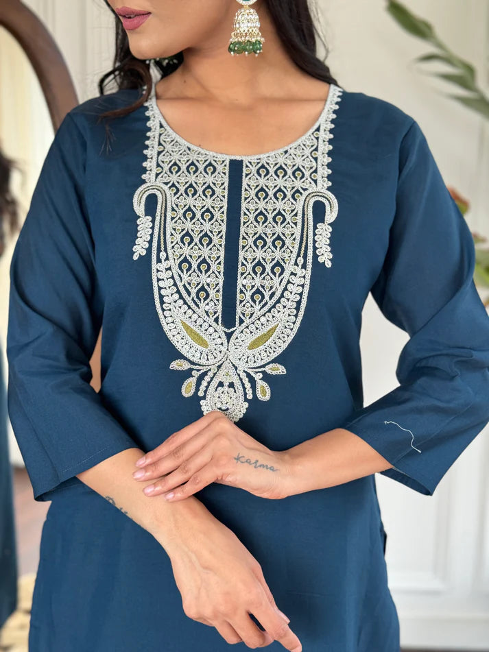 Dixz Fashion Women's Embroidered Rayon Slub Suit Set with Poly Chanderi Dupatta