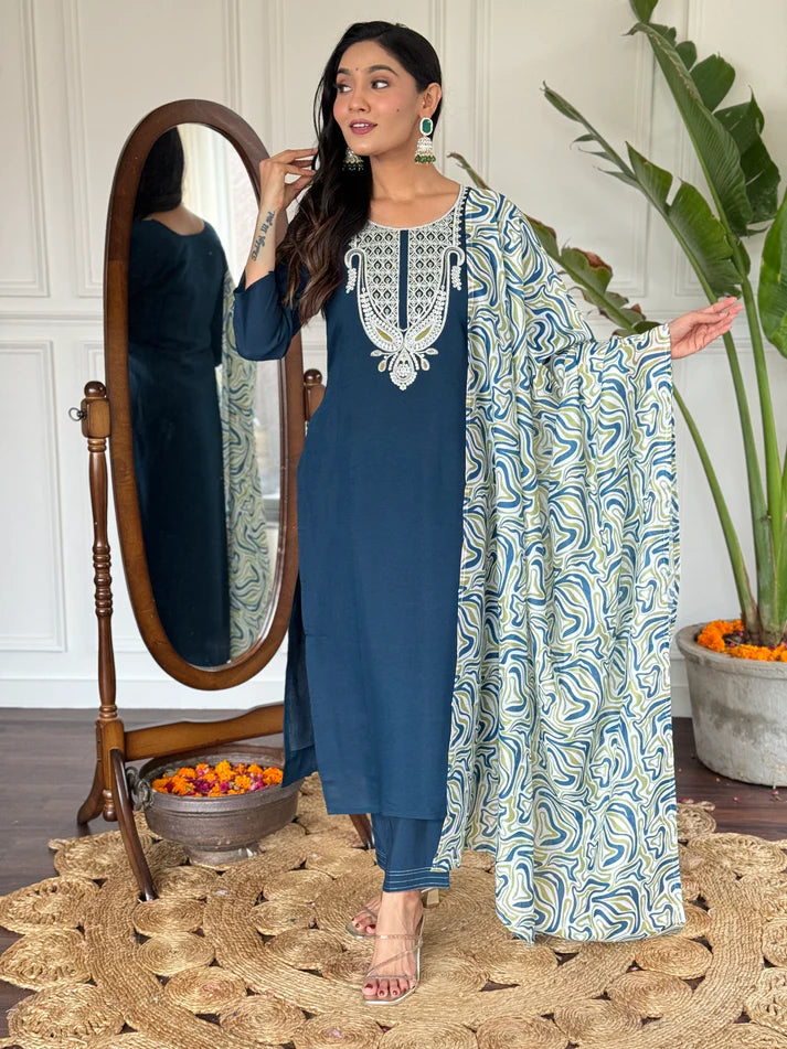 Dixz Fashion Women's Embroidered Rayon Slub Suit Set with Poly Chanderi Dupatta