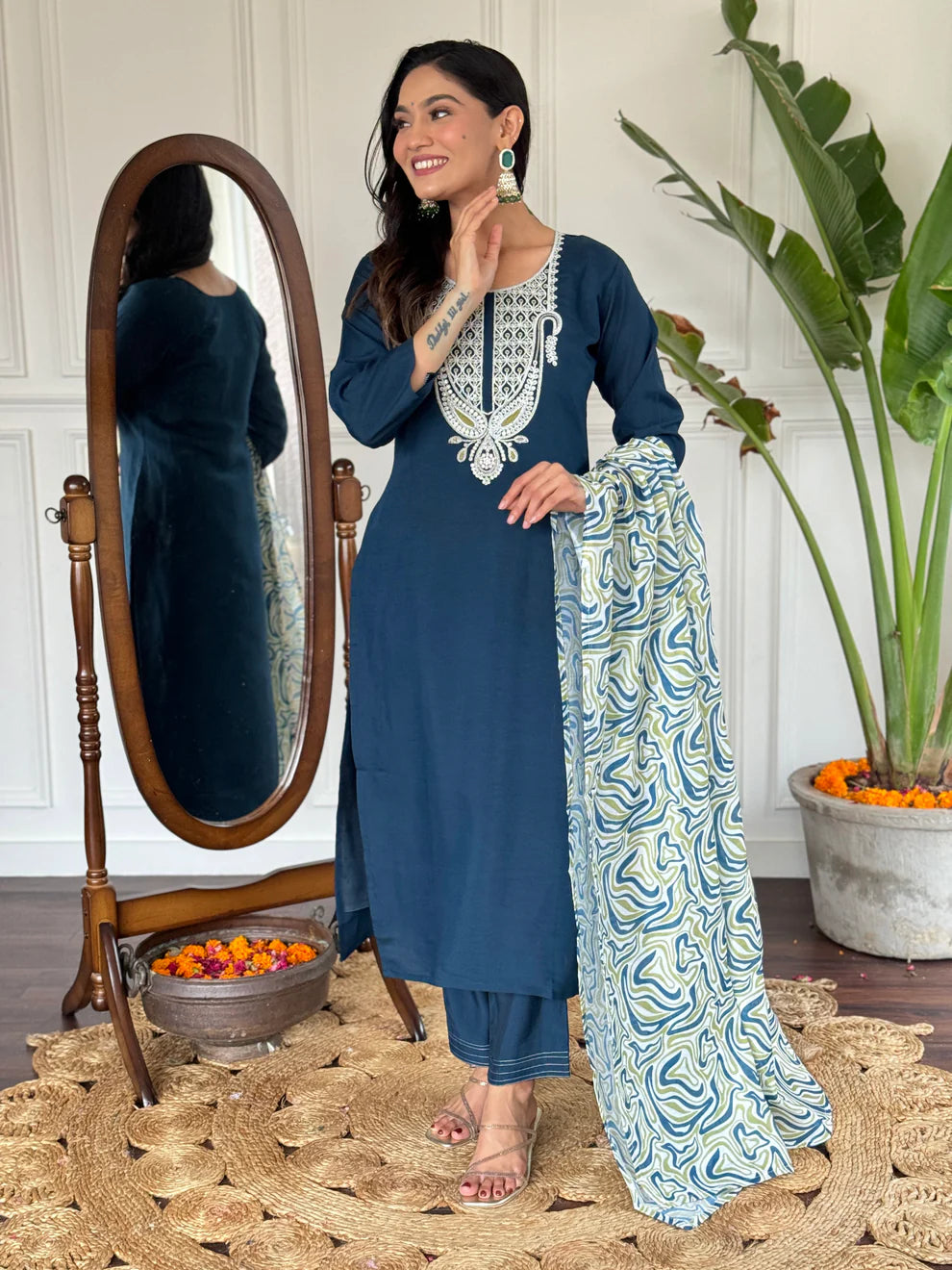 Dixz Fashion Women's Embroidered Rayon Slub Suit Set with Poly Chanderi Dupatta