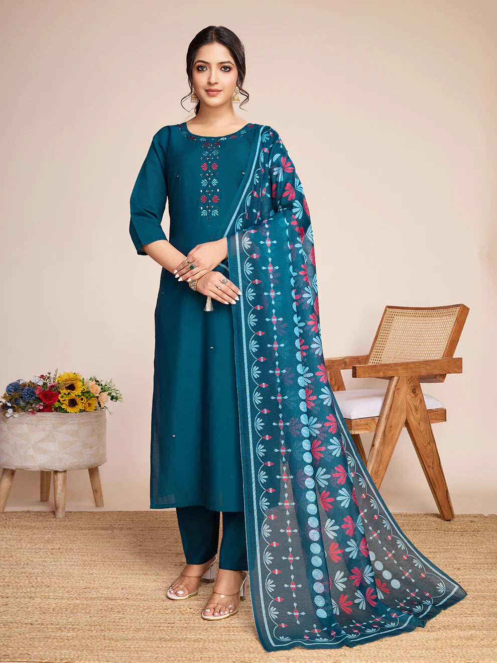 Dixz Fashion Embroidery with Hand Mirror Work blue kurti