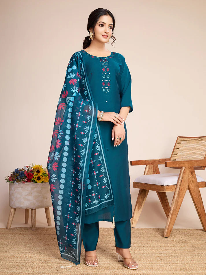 Dixz Fashion Embroidery with Hand Mirror Work blue kurti