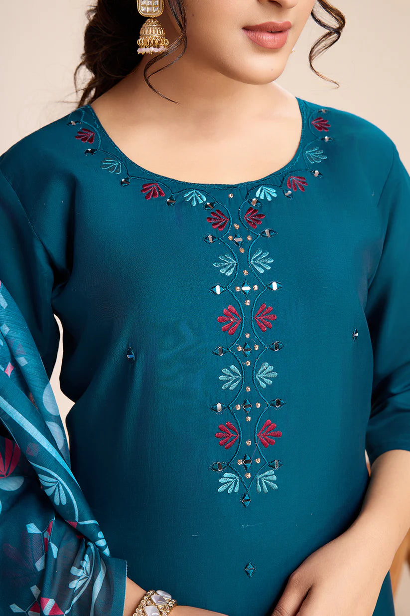 Dixz Fashion Embroidery with Hand Mirror Work blue kurti