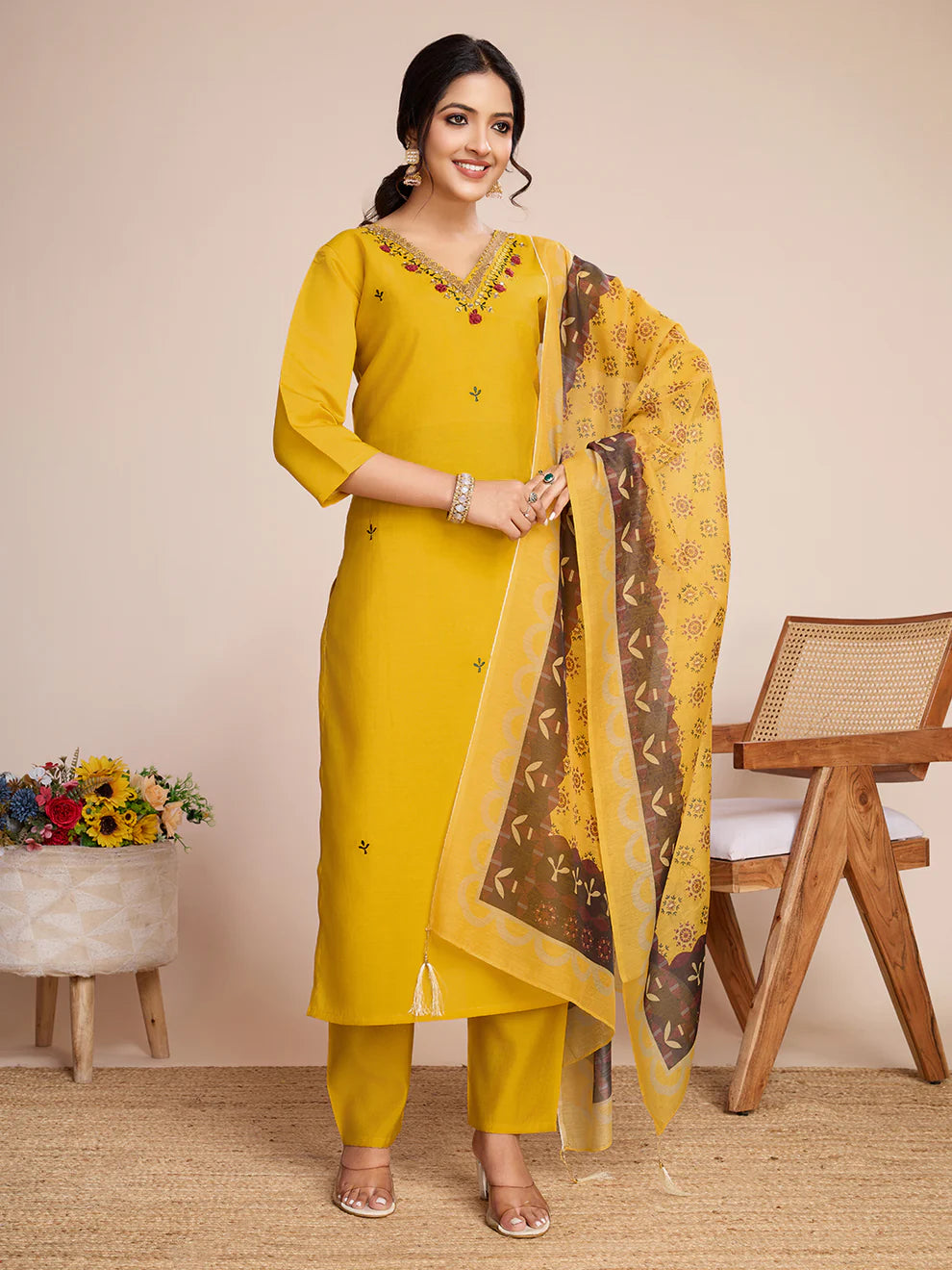 Dixz Fashion Embroidery with Hand Mirror Work yellow kurti