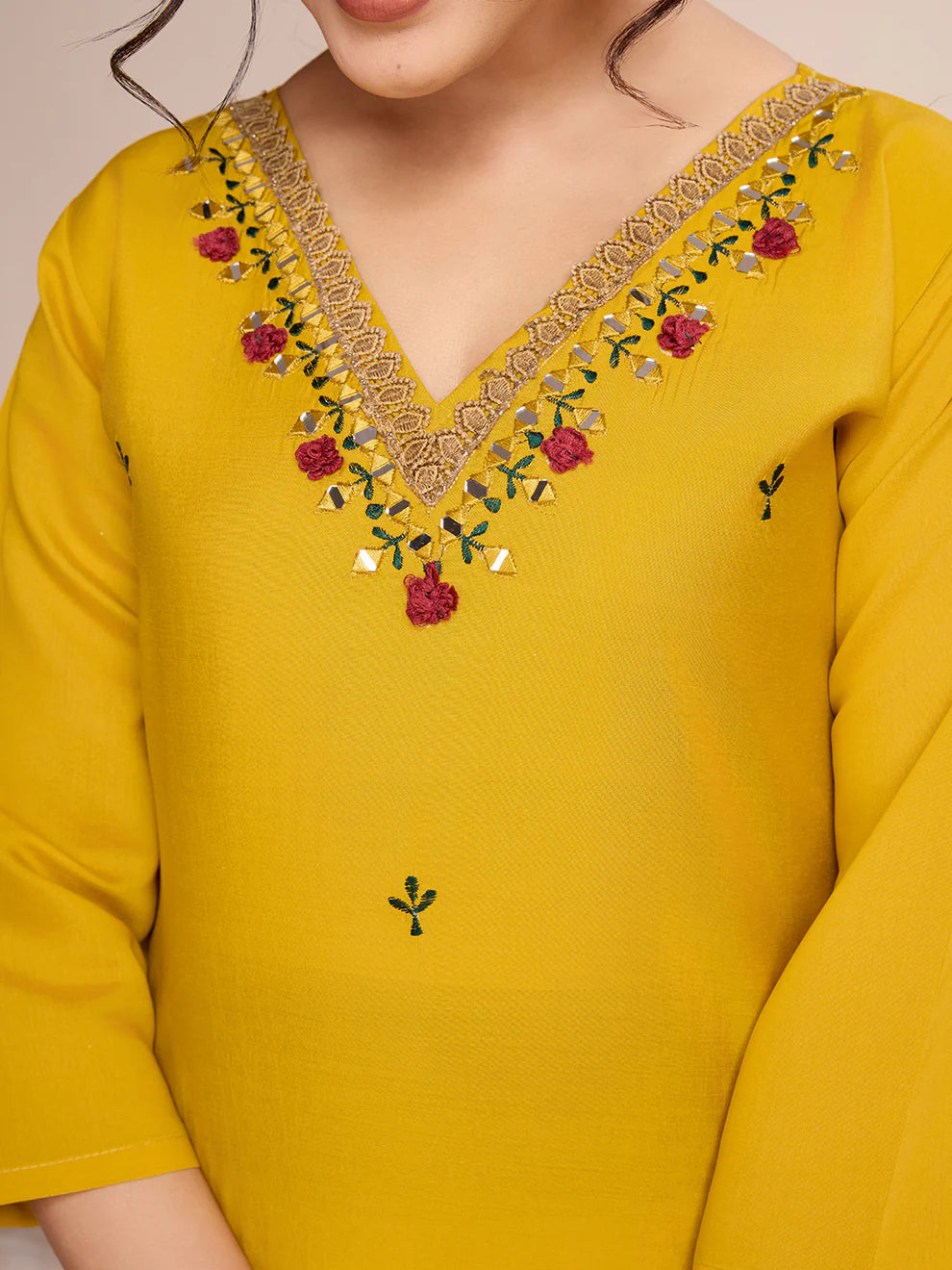 Dixz Fashion Embroidery with Hand Mirror Work yellow kurti