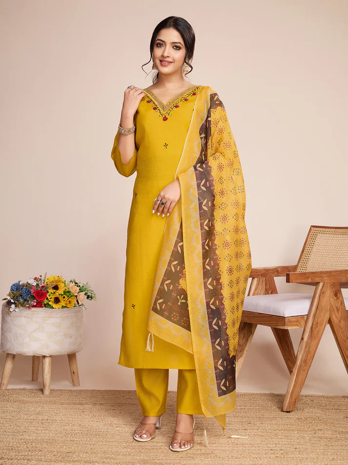 Dixz Fashion Embroidery with Hand Mirror Work yellow kurti