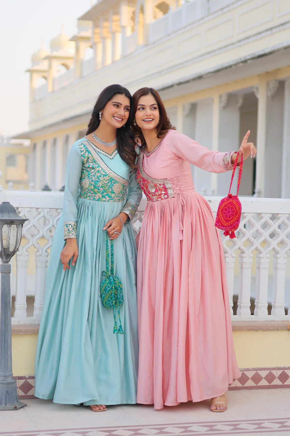 Dixz Fashion Bandhej Gown, Jacket & Hand Purse Combo