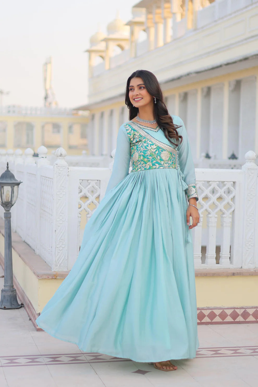 Dixz Fashion Bandhej Gown, Jacket & Hand Purse Combo