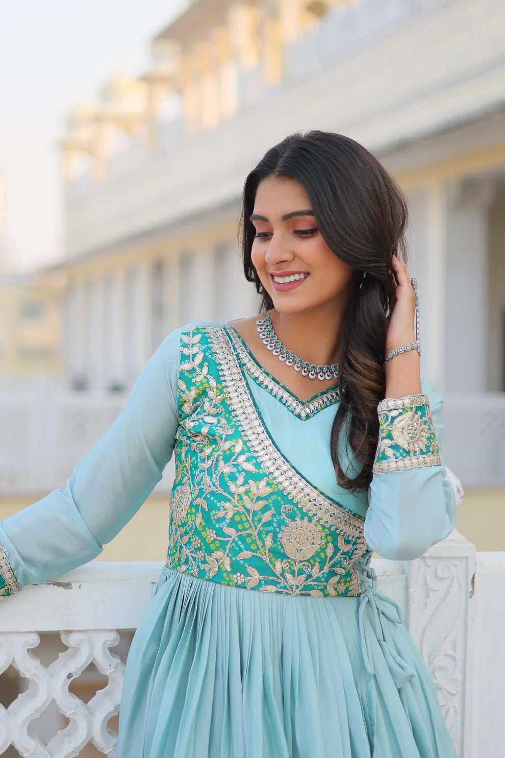 Dixz Fashion Bandhej Gown, Jacket & Hand Purse Combo