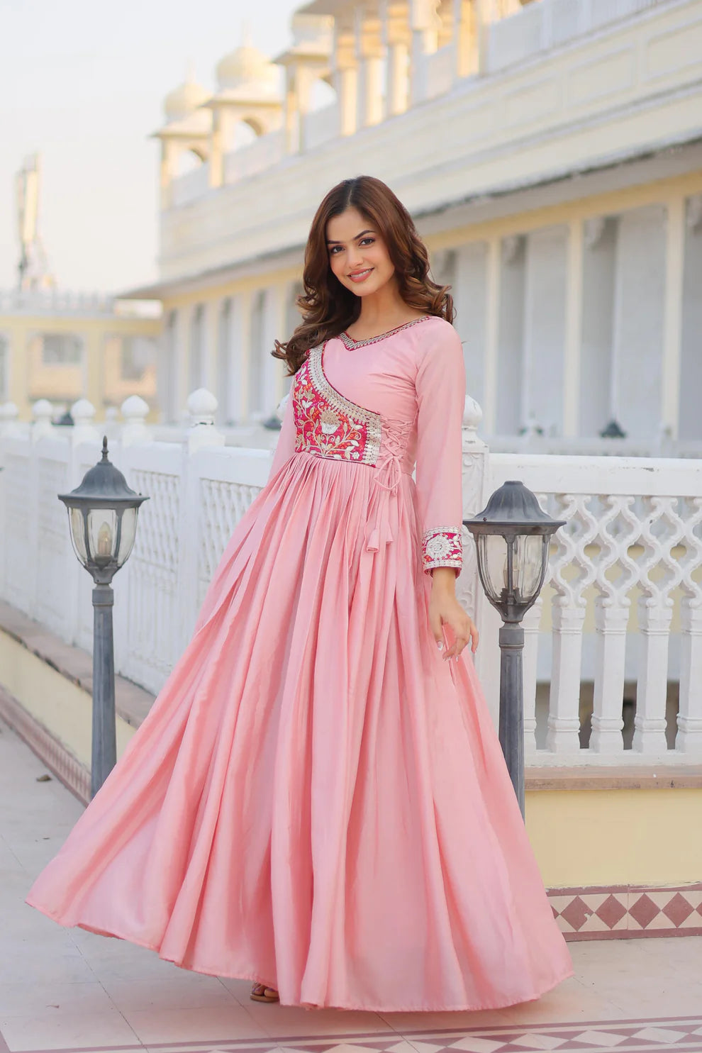 Dixz Fashion Bandhej Gown, Jacket & Hand Purse Combo