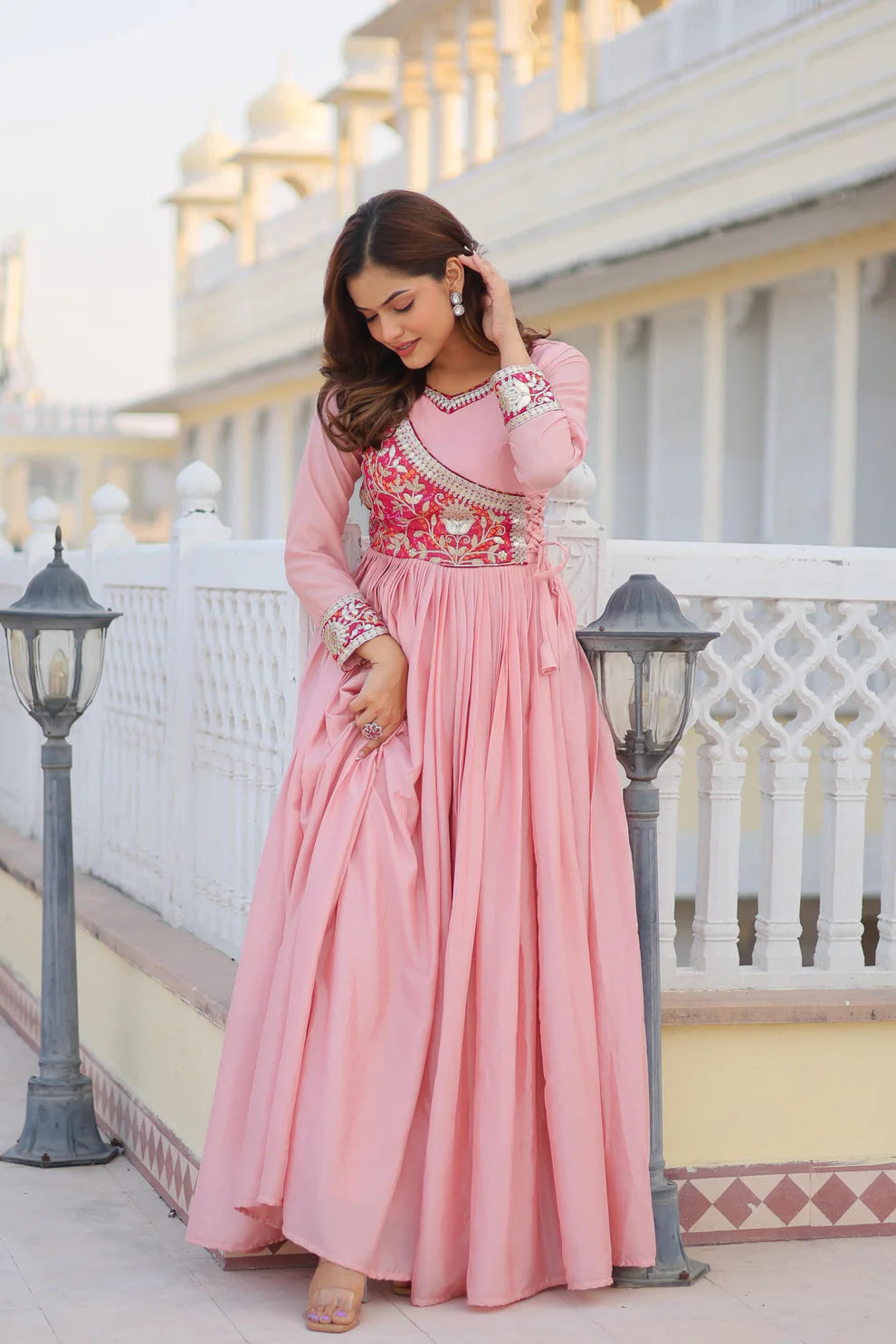 Dixz Fashion Bandhej Gown, Jacket & Hand Purse Combo