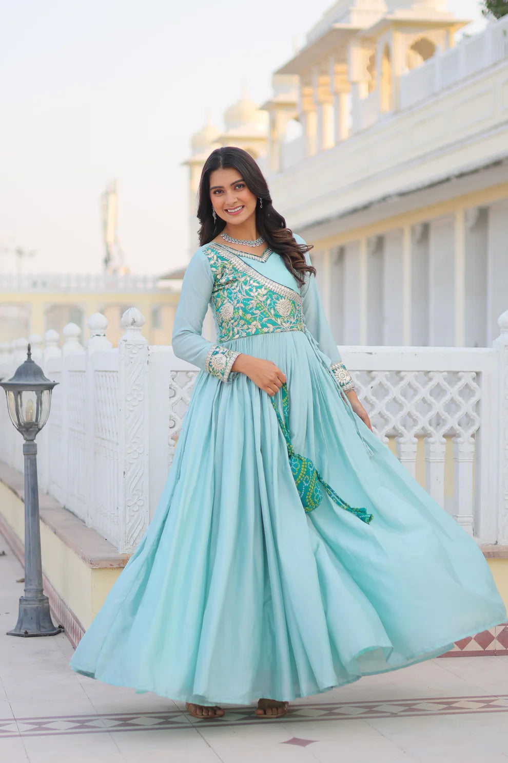 Dixz Fashion Bandhej Gown, Jacket & Hand Purse Combo