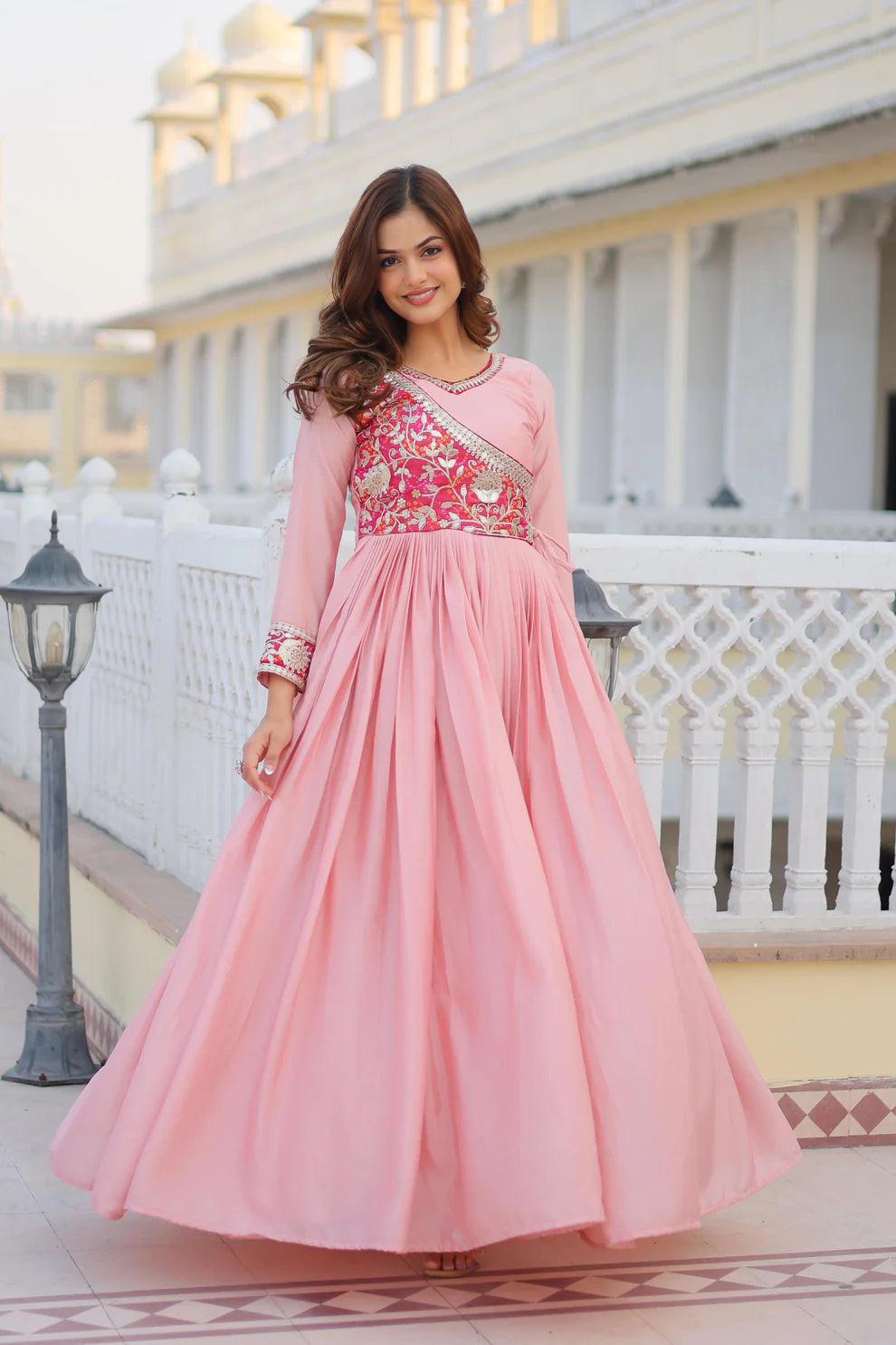 Dixz Fashion Bandhej Gown, Jacket & Hand Purse Combo