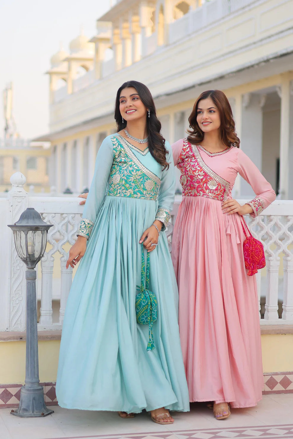 Dixz Fashion Bandhej Gown, Jacket & Hand Purse Combo