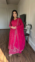 Dixz Fashion Glamorous Fox Georgette Embroidered Gown Set with Dupatta (Fully Stitched)