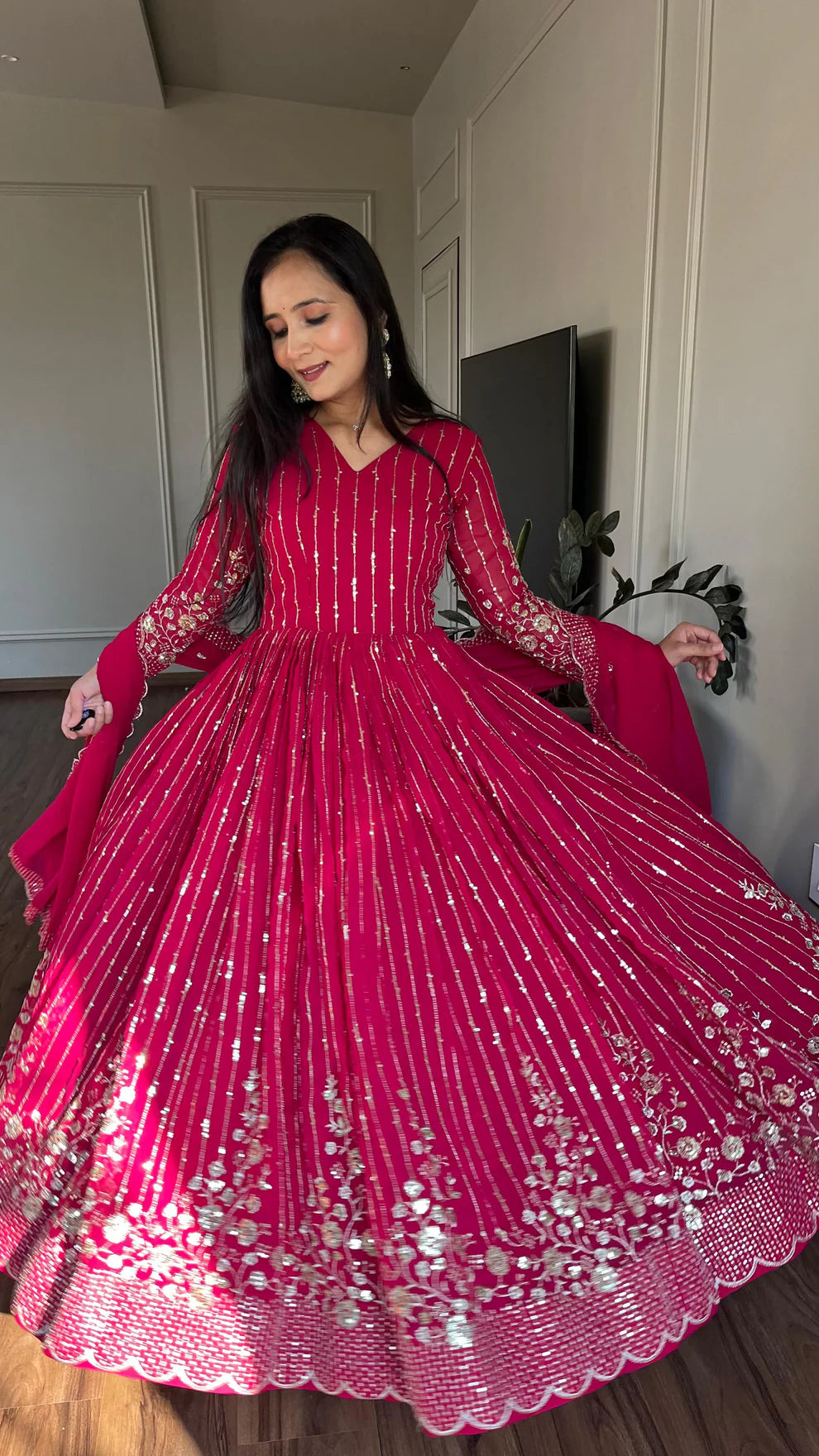 Dixz Fashion Glamorous Fox Georgette Embroidered Gown Set with Dupatta (Fully Stitched)