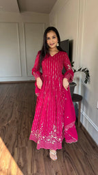 Dixz Fashion Glamorous Fox Georgette Embroidered Gown Set with Dupatta (Fully Stitched)