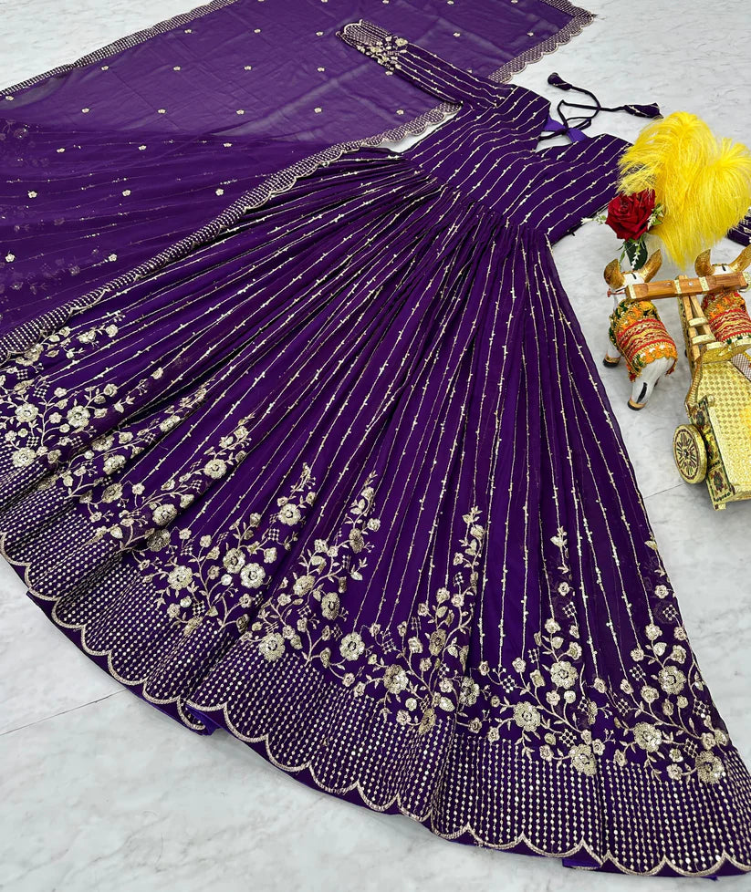 Dixz Fashion Glamorous Fox Georgette Embroidered Gown Set with Dupatta (Fully Stitched)