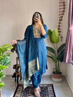 Dixz Fashion Elegant Embroidered Roman Silk Kurti Pant Dupatta Set