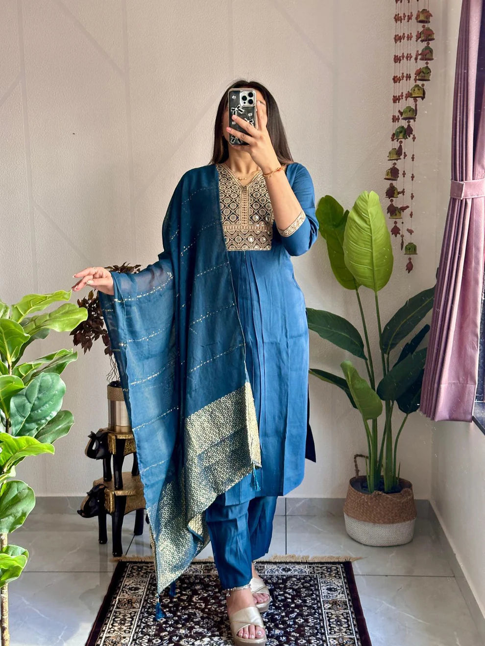 Dixz Fashion Elegant Embroidered Roman Silk Kurti Pant Dupatta Set