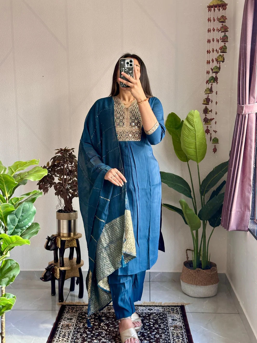 Dixz Fashion Elegant Embroidered Roman Silk Kurti Pant Dupatta Set