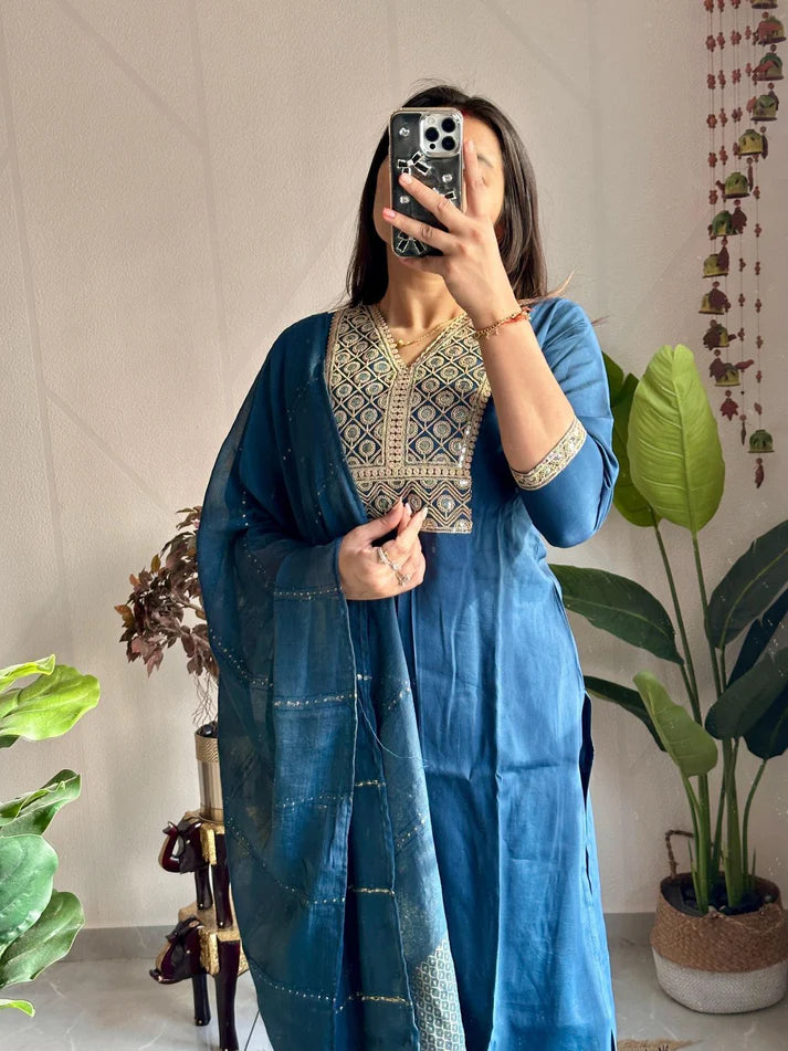 Dixz Fashion Elegant Embroidered Roman Silk Kurti Pant Dupatta Set