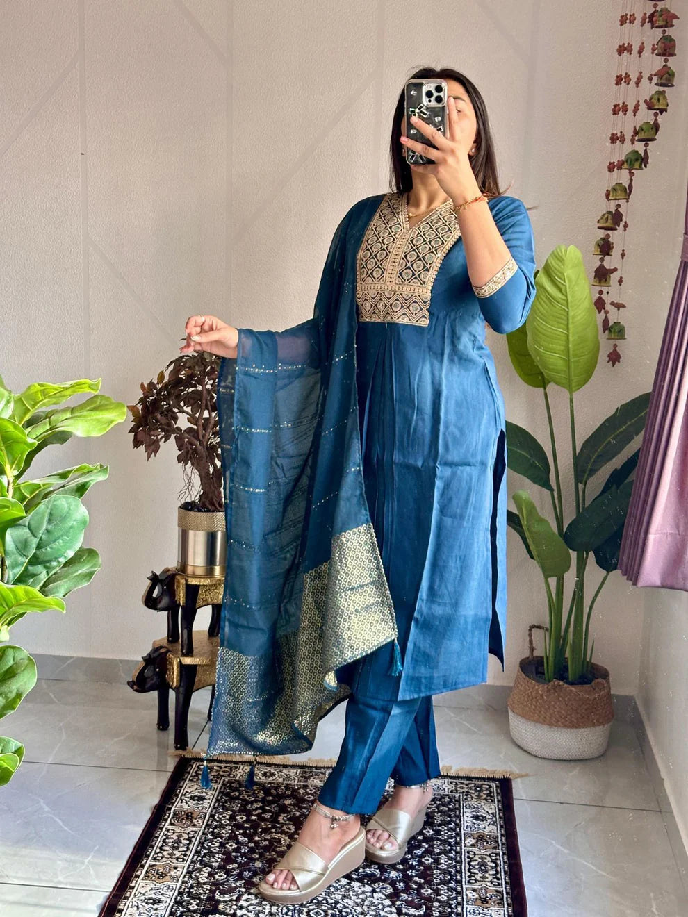Dixz Fashion Elegant Embroidered Roman Silk Kurti Pant Dupatta Set