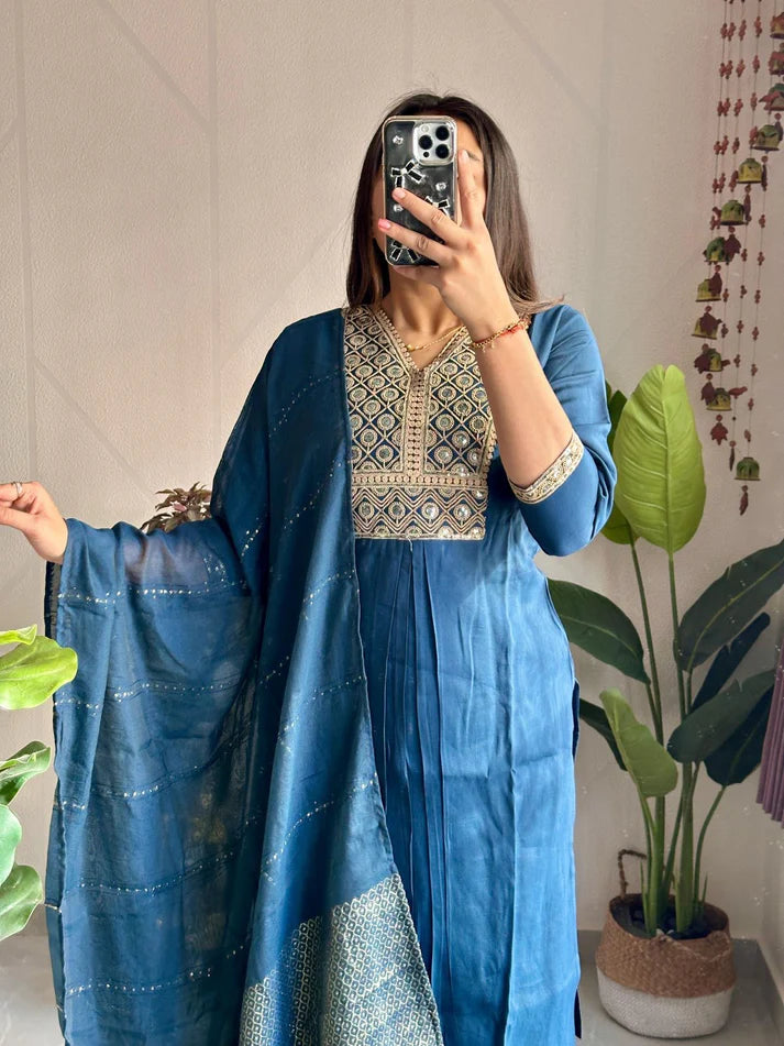Dixz Fashion Elegant Embroidered Roman Silk Kurti Pant Dupatta Set