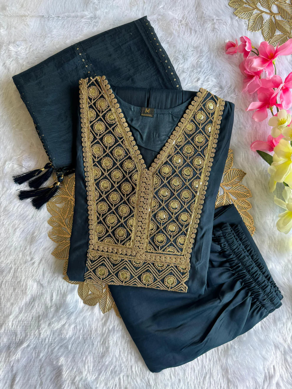 Dixz Fashion Elegant Embroidered Roman Silk Kurti Pant Dupatta Set