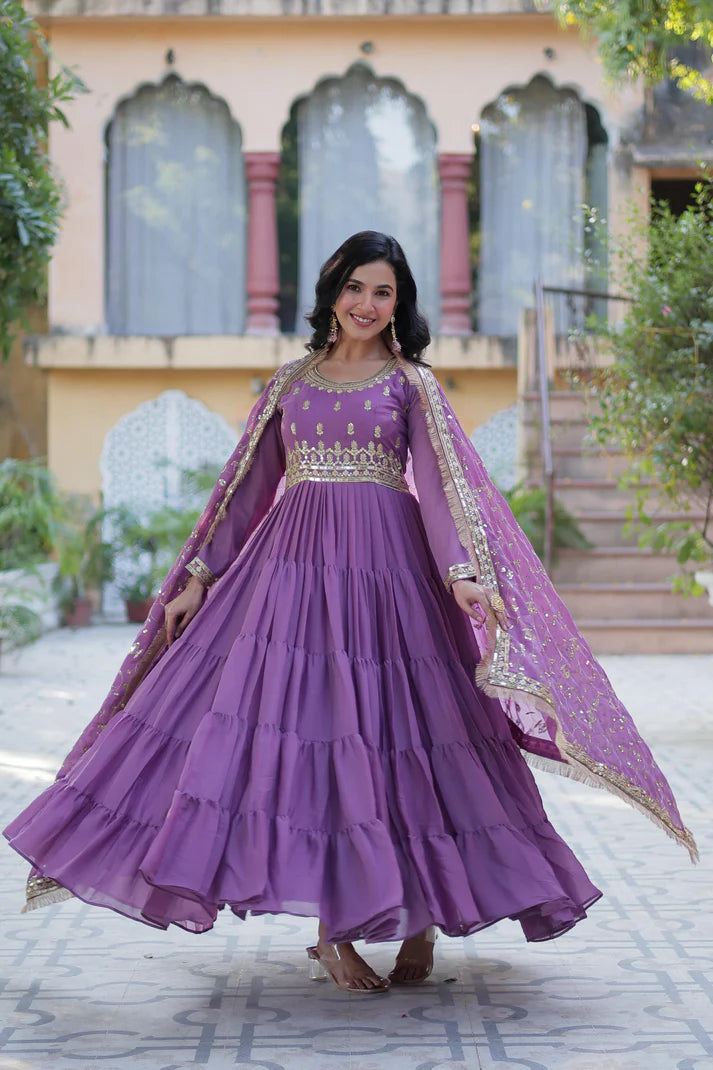 Dixz Fashion Premium Star Georgette 5-Layer Frill Gown with Sequins Dupatta