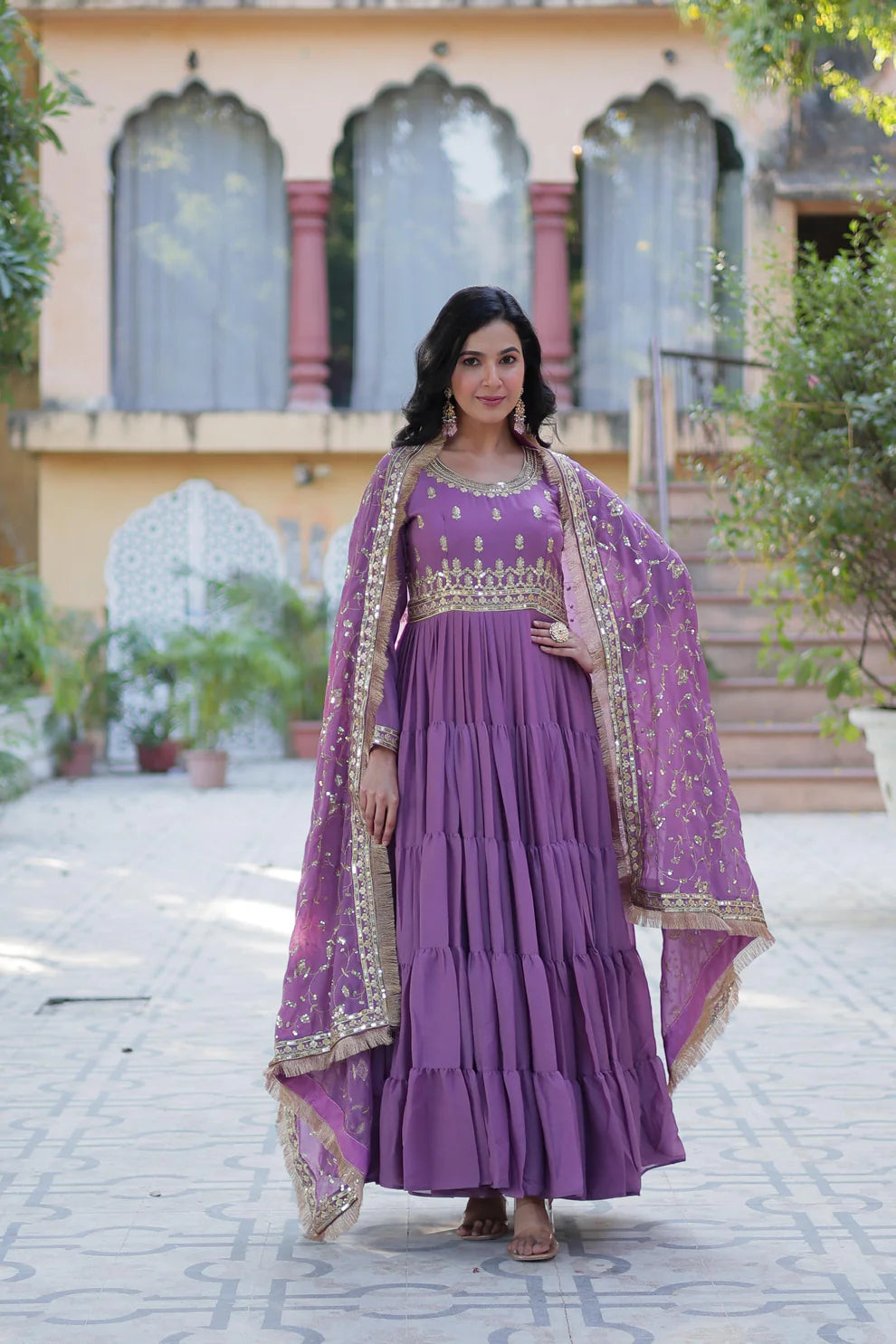 Dixz Fashion Premium Star Georgette 5-Layer Frill Gown with Sequins Dupatta