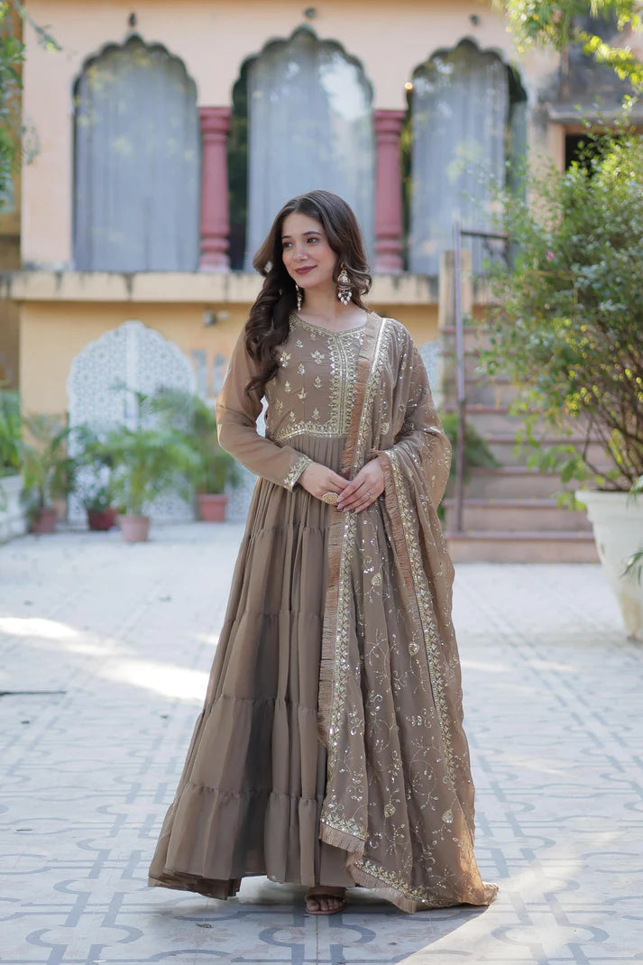 Dixz Fashion Premium Star Georgette 5-Layer Frill Gown with Sequins Dupatta