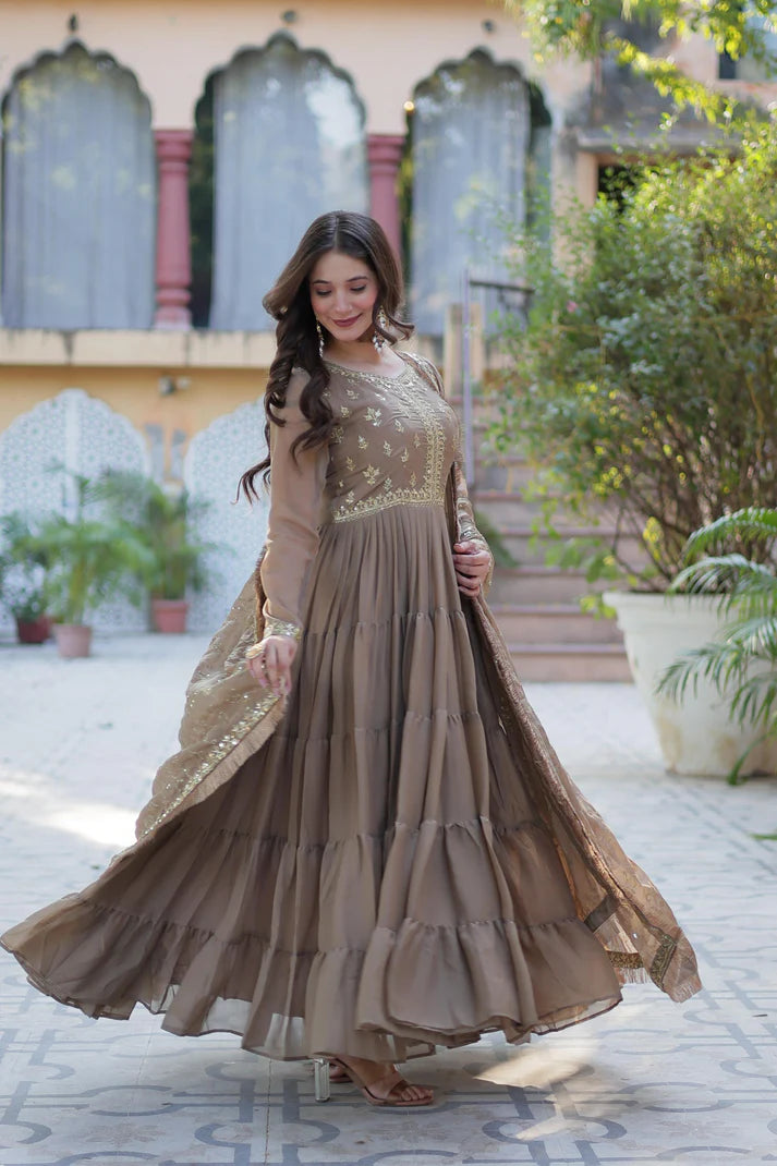 Dixz Fashion Premium Star Georgette 5-Layer Frill Gown with Sequins Dupatta
