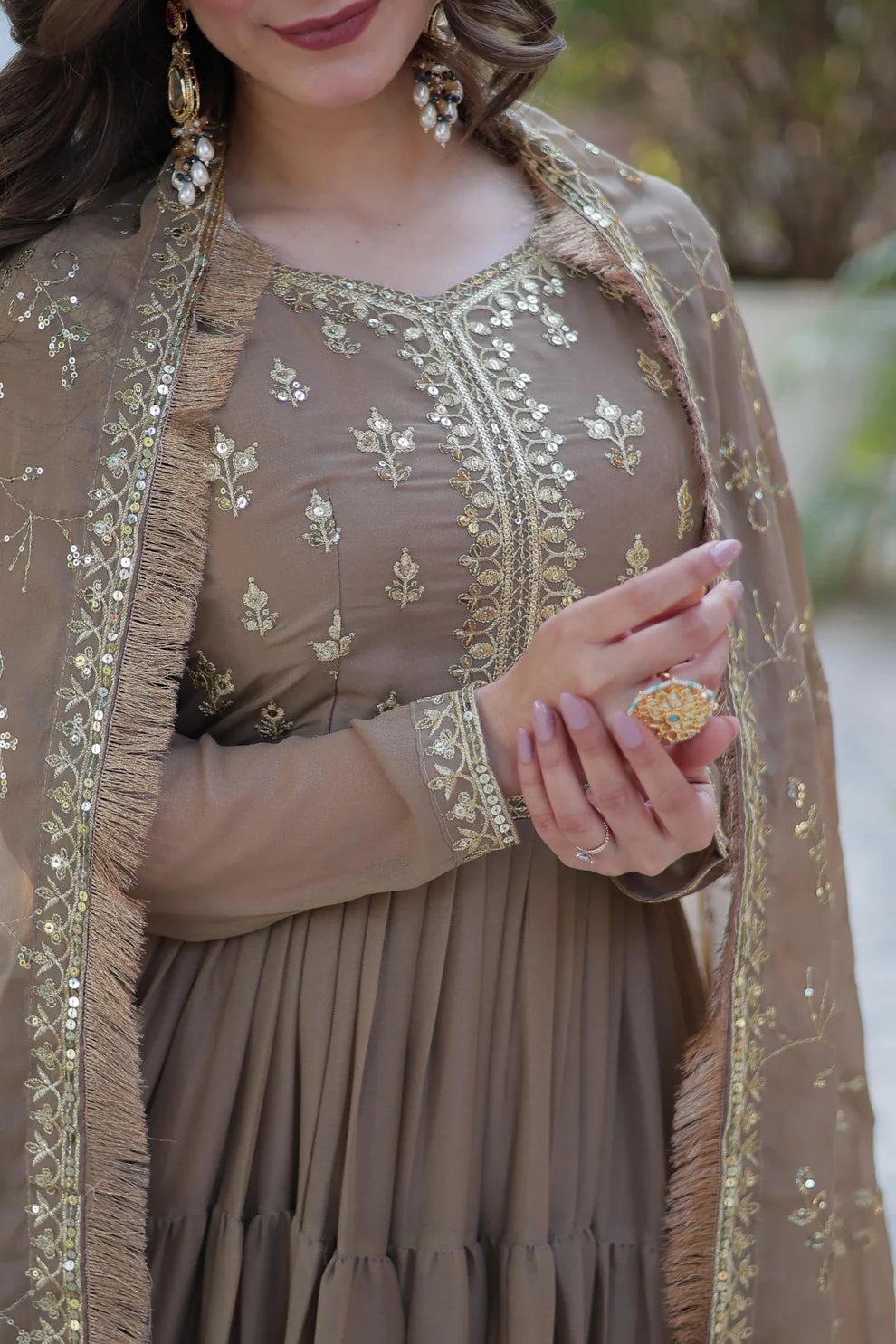 Dixz Fashion Premium Star Georgette 5-Layer Frill Gown with Sequins Dupatta