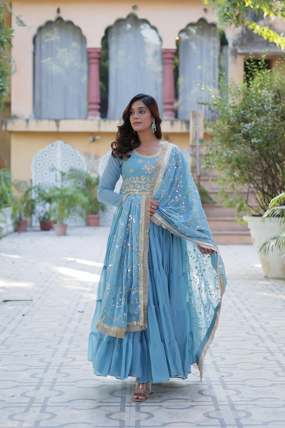 Dixz Fashion Premium Star Georgette 5-Layer Frill Gown with Sequins Dupatta