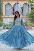 Dixz Fashion Premium Star Georgette 5-Layer Frill Gown with Sequins Dupatta