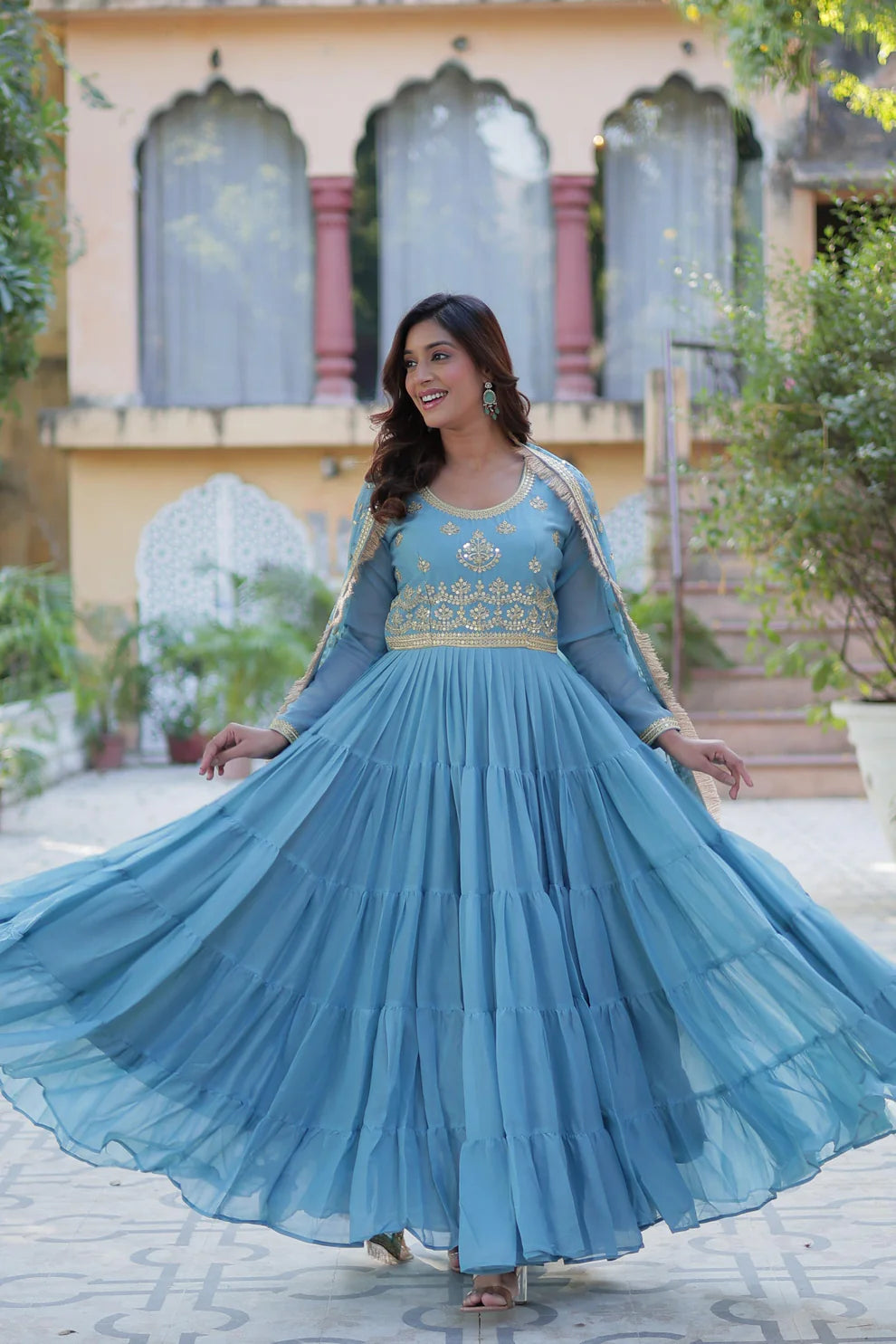 Dixz Fashion Premium Star Georgette 5-Layer Frill Gown with Sequins Dupatta