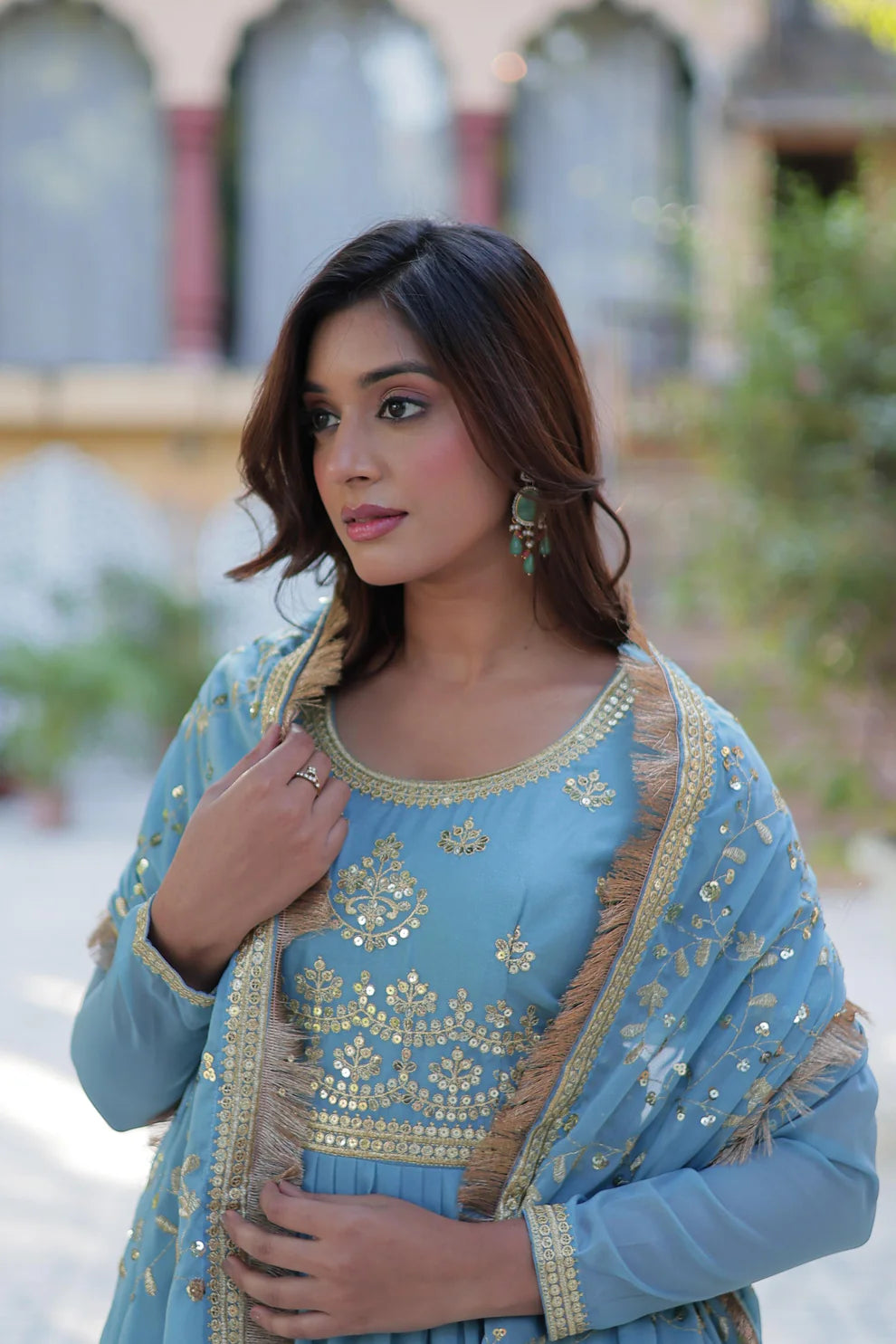 Dixz Fashion Premium Star Georgette 5-Layer Frill Gown with Sequins Dupatta