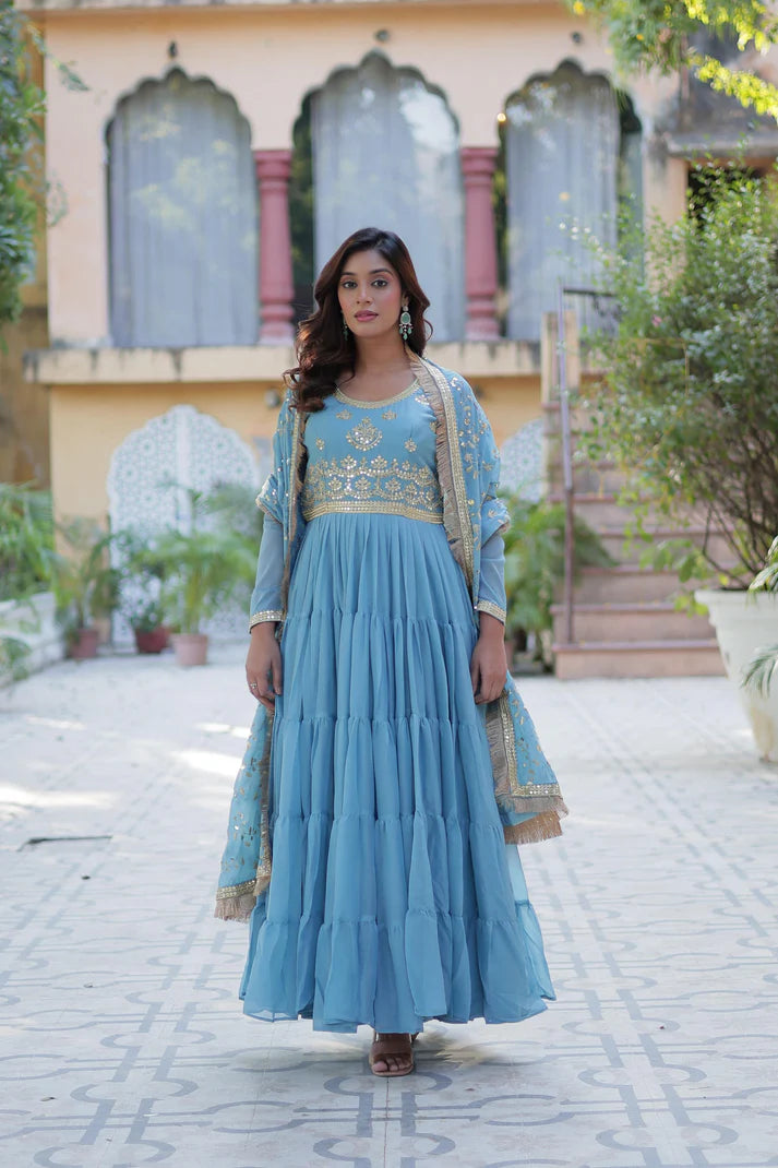 Dixz Fashion Premium Star Georgette 5-Layer Frill Gown with Sequins Dupatta