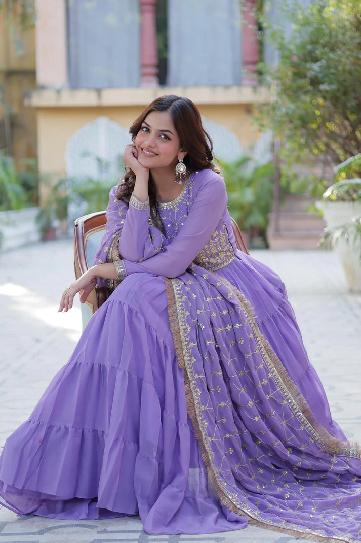 Dixz Fashion Premium Star Georgette 5-Layer Frill Gown with Sequins Dupatta