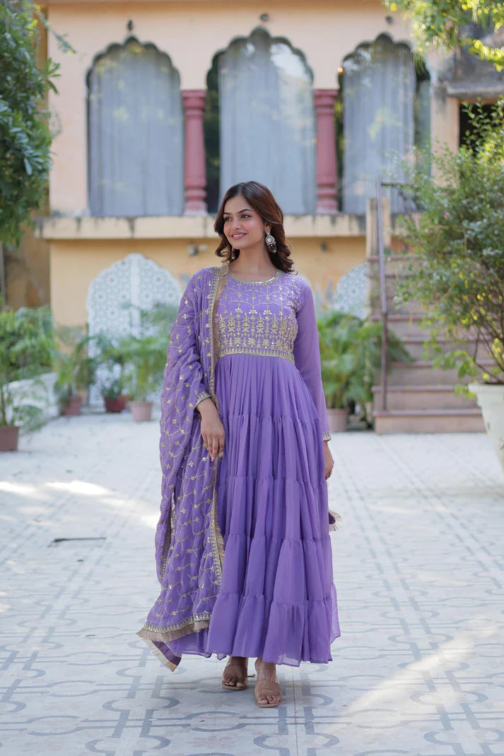 Dixz Fashion Premium Star Georgette 5-Layer Frill Gown with Sequins Dupatta