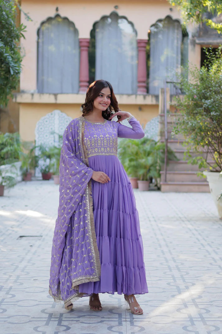 Dixz Fashion Premium Star Georgette 5-Layer Frill Gown with Sequins Dupatta