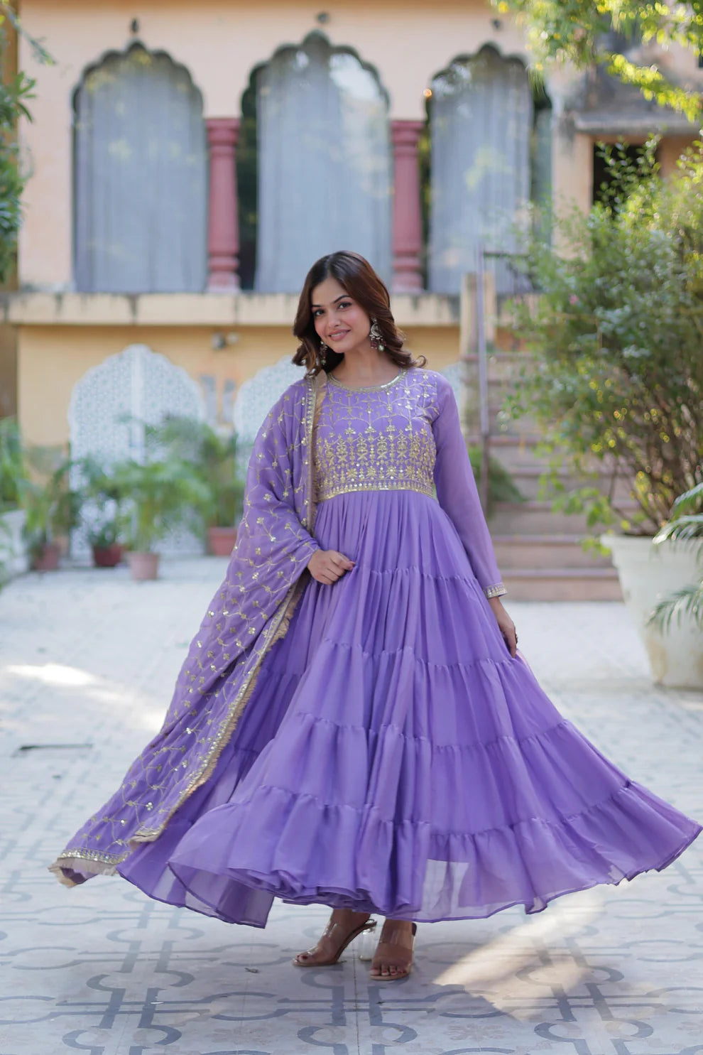 Dixz Fashion Premium Star Georgette 5-Layer Frill Gown with Sequins Dupatta